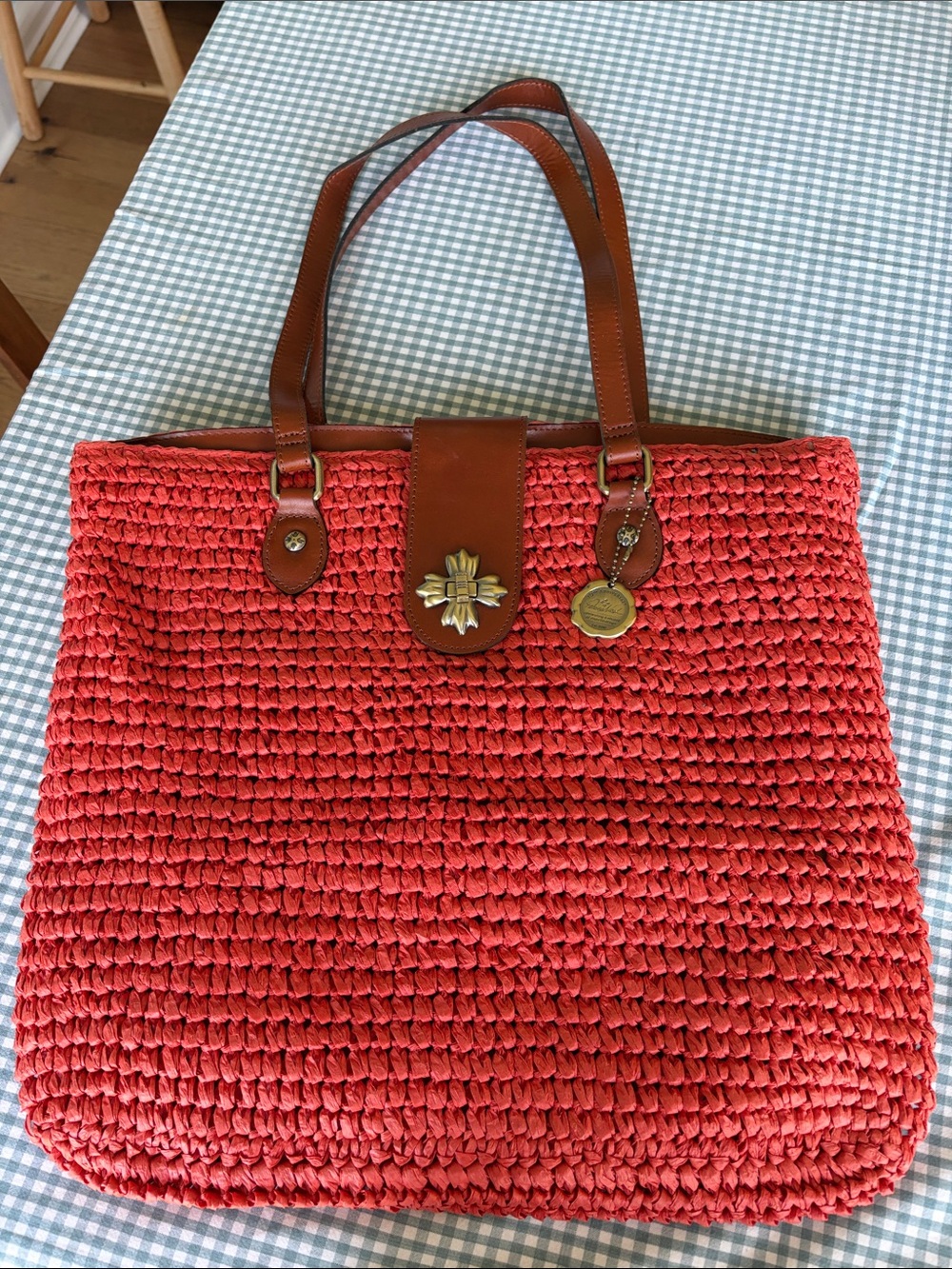 Woven Red Tote Bag with Brown Leather Trim